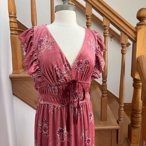 Pink Velvet Flutter Sleeve Midi Dress with Floral Print and Ribbon Tie